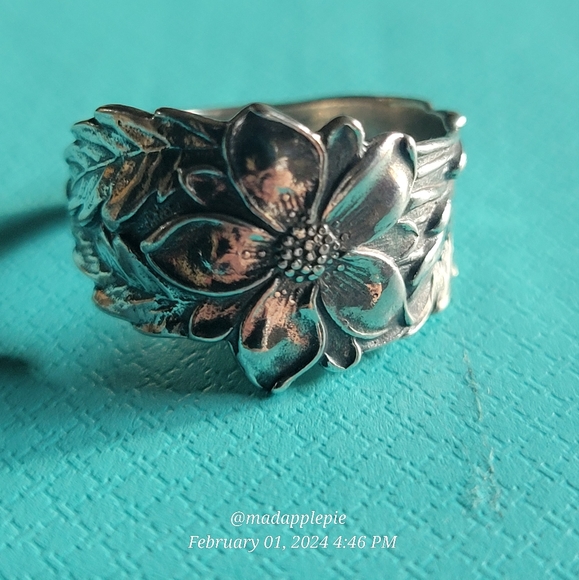 Hand Crafted Jewelry - Sterling Silver Spoon Ring Columbine Flower Adjustable Flower Statement Piece 96